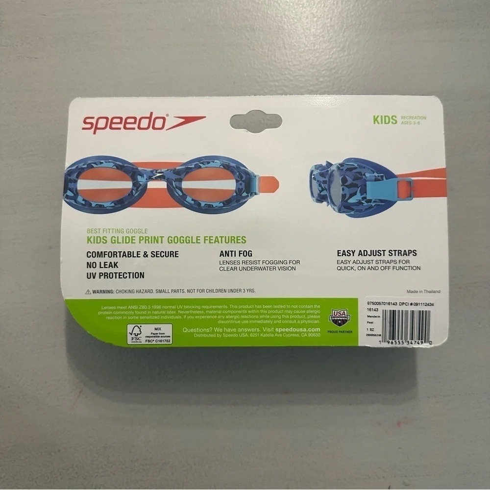 Speedo Kids Blue & Orange Glide Print Best Fitting Anti-Fog Goggle Kids 3-6 NWT